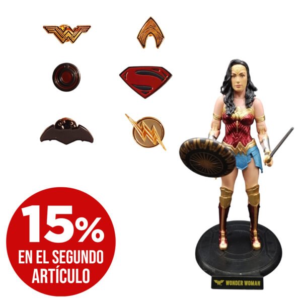 Pack de Pines Liga de la Justicia y Figura de Wonder Woman Articulable  - DC Comics